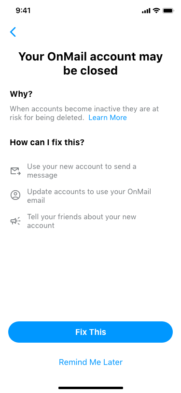 Why is my OnMail account at risk of being closed Email