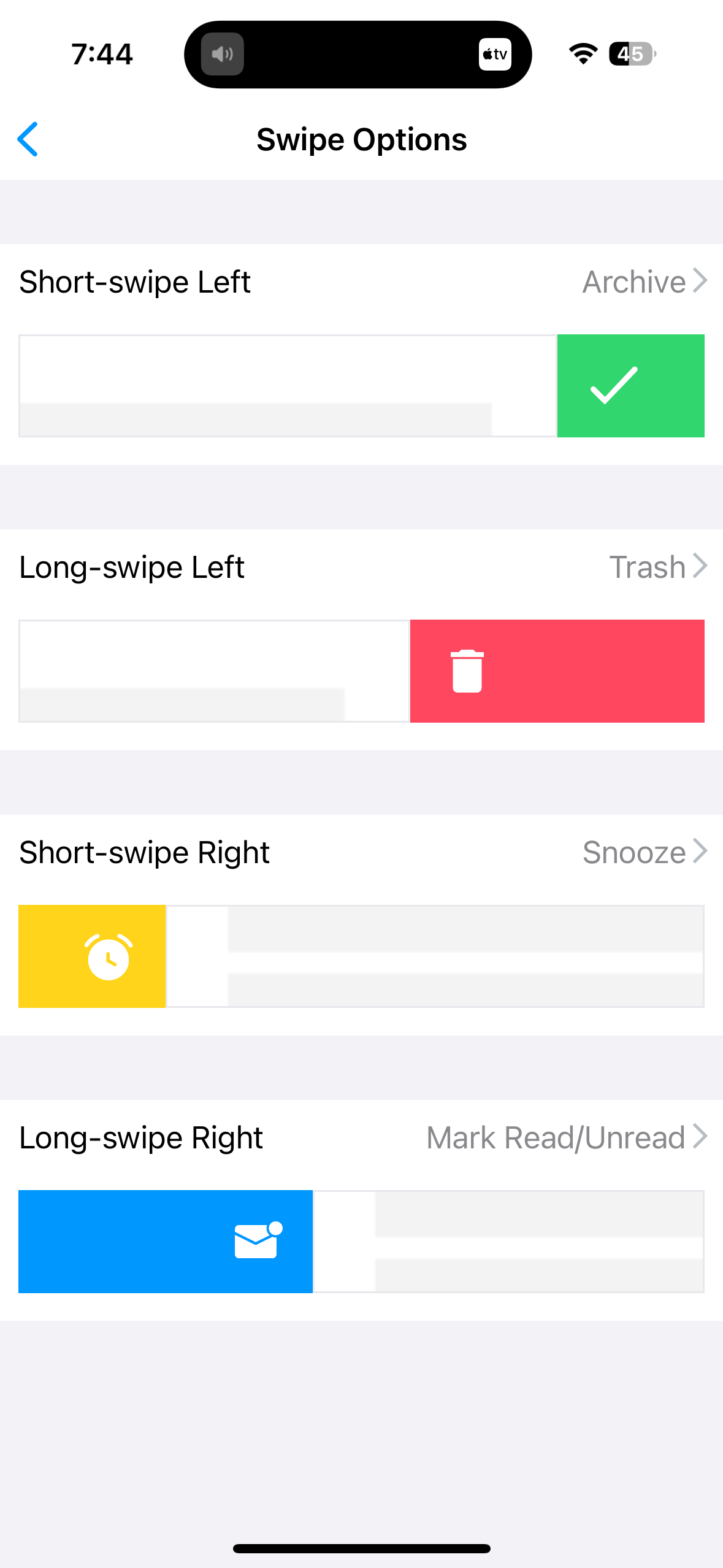 mailbird change swipe actions